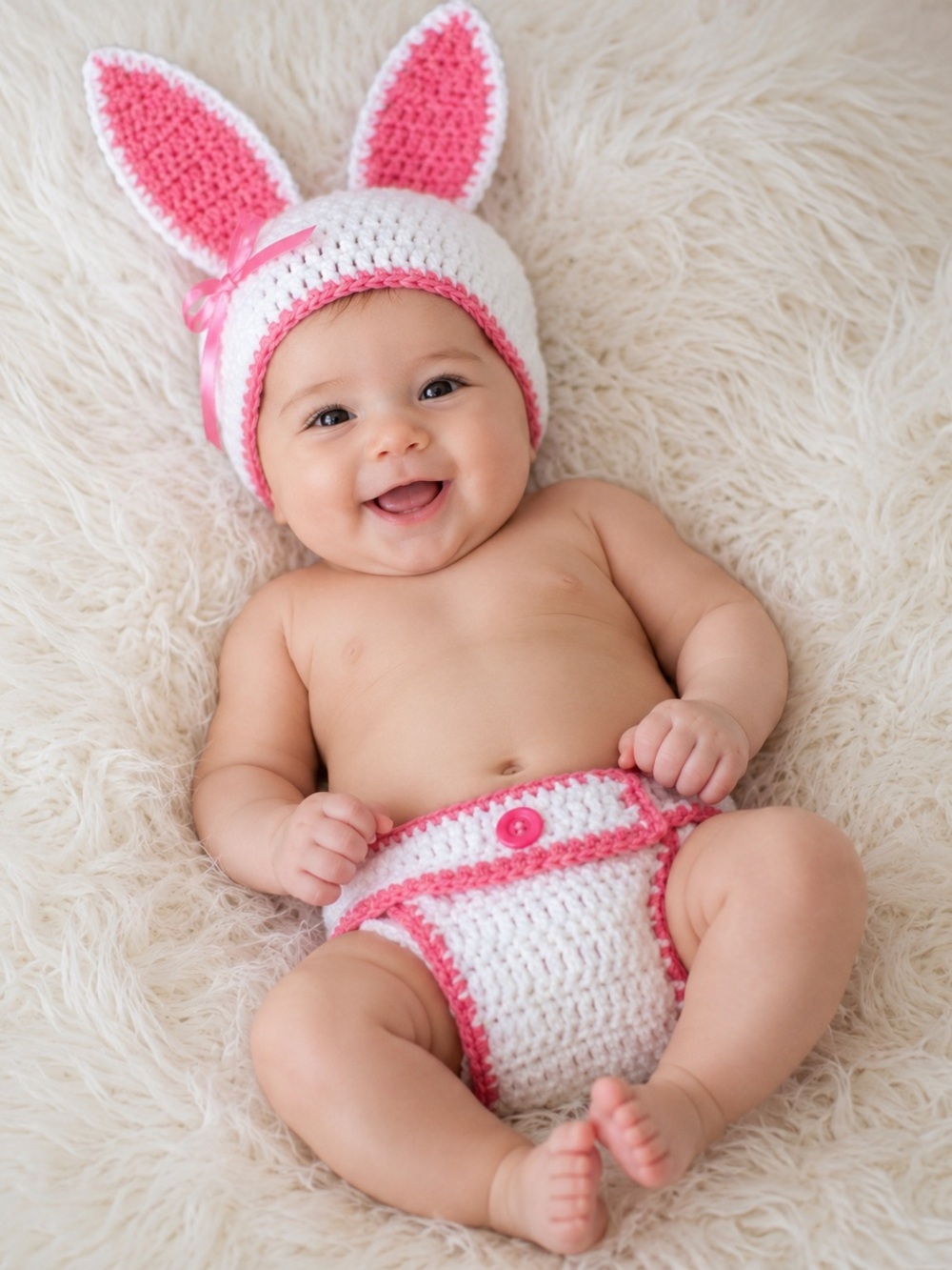 Handmade Crochet Bunny Diaper Cover & Ear Hat - White and Bright Pink